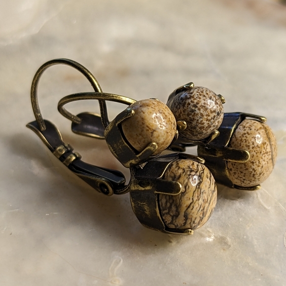 Picture Stone/ Jasper Drop Down Earrings in Brass - Picture 3 of 3